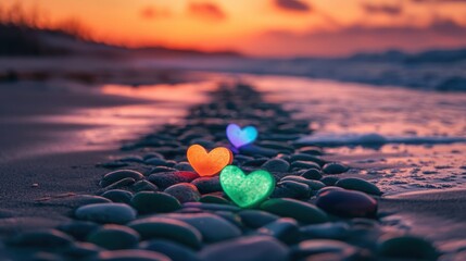 Wall Mural - Three glowing hearts of different colors lie on rocks by the ocean at sunset