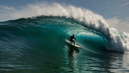 Surfing waves on an Indonesian beach.