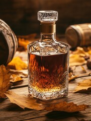 Poster - A close-up view of a beautifully crafted whiskey bottle amidst autumn leaves and wooden barrels in a rustic setting. Generative AI