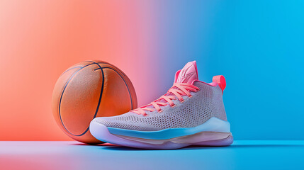 Basketball sport shoe and basketball ball on color background