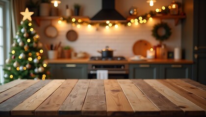 Closeup of old wooden table with blurred light background in the kitchen decorated Christmas tree, interior home decoration concept, Christmas Day concept