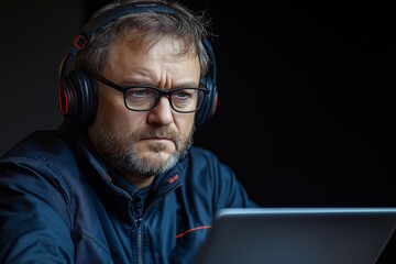 Poster - Man wearing headphones and glasses is sitting in front of a laptop. He is looking at the screen. technical writer working at the laptop, sold blue background
