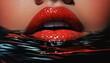 © NEW - Close-up of vibrant red lips partially submerged in water, creating a striking contrast against dark waves, evoking beauty and mystery.