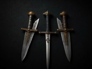 Three medieval swords displayed on a dark backdrop.