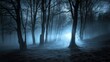 © zhou yan - Spooky forest scene at night with eerie fog and ghostly blue lights illuminating the trees. The haunted atmosphere creates a chilling horror background perfect for Halloween or any creepy concept, wit