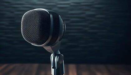 Professional black microphone on stand atop wooden table with blurred brick backdrop