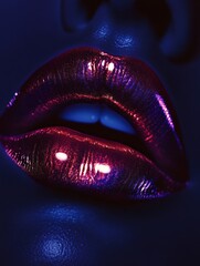 Poster - Close-up of glossy lips with a vibrant shine against a dark background, showcasing beauty and allure in an artistic moment. Generative AI