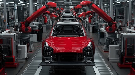 Poster - Advanced robotic assembly line working on electric vehicles in a modern manufacturing plant during daytime