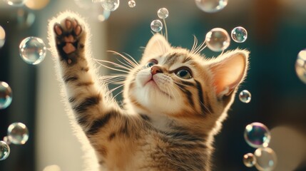 A cat is playing with bubbles