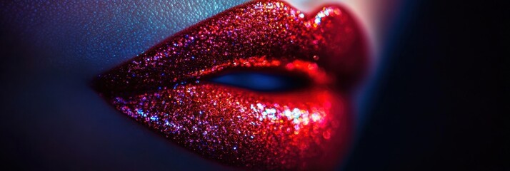 Poster - Glossy lips shine with vibrant colors in dramatic lighting, showcasing a stunning makeup look perfect for an evening out. Generative AI