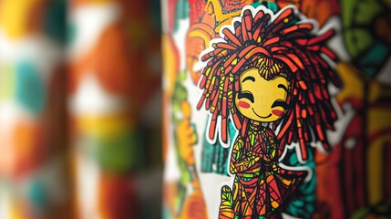 A close-up of a colorful sticker depicting a smiling cartoon character with red hair.