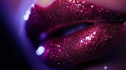 Poster - Close-up of glossy lips with vibrant shimmer reflecting light in a dimly lit setting. Generative AI