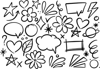 Doodle set, cartoon hand drawn highlight decorative elements, speech bubble, ink illustration collection
