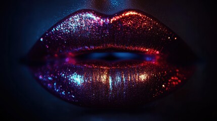 Poster - Glossy close-up of vibrant lips showcasing a shiny finish under dramatic lighting, highlighting beauty and elegance in detail. Generative AI