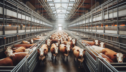 Cattle standing in holding pens at an abattoir facility, ready for processing, with clear signs of a well-maintained, clean environment.