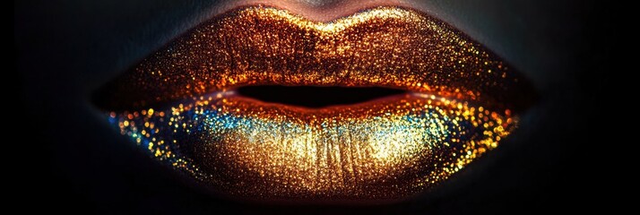 Poster - Close-up of glossy, vibrant lips with a shiny finish glowing under soft light during an artistic makeup session. Generative AI