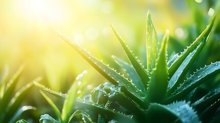 Canvas Print - Close-up of Dewy Aloe Vera Plant in Sunlight