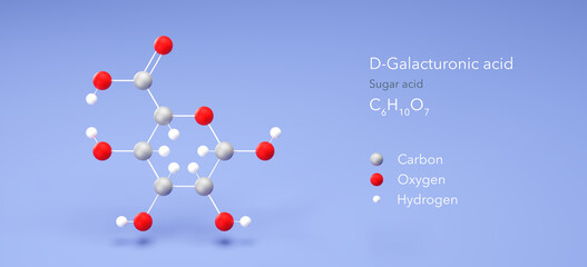 Poster - d-galacturonic acid molecule, molecular structure, sugar acid, 3d model, Structural Chemical Formula and Atoms with Color Coding