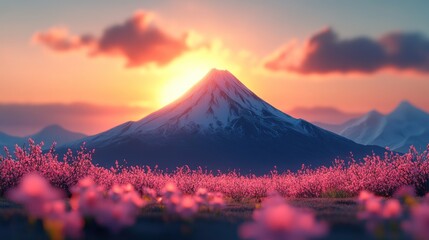 Wall Mural - Serene mountain landscape at sunset surrounded by blooming flowers.