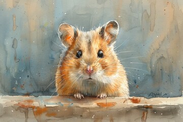 Wall Mural - Detailed watercolor painting of a hamster exploring its cage, showing intricate fur patterns and the hamster's curious expression, hamster illustration, hamster watercolor illustration