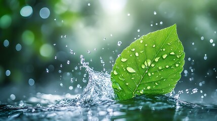 Poster - Green Leaf Splashing in Water