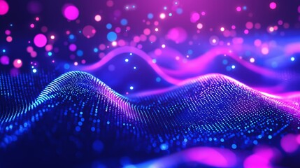 Fototapete - Network technology background, technology and communication, connected dots on 3D wave landscape. Telecommunication, data science, shiny particles, cyberspace, metaverse concept. Abstract Flowing Wave