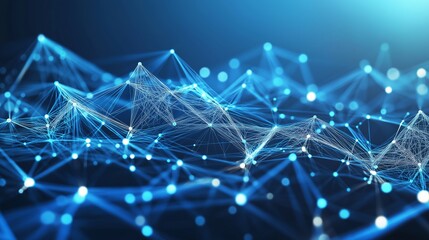 Fototapete - Network technology background, technology and communication, connected dots on 3D wave landscape. Telecommunication, data science, shiny particles, cyberspace, metaverse concept. Abstract Flowing Wave