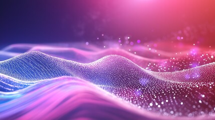 Fototapete - Network technology background, technology and communication, connected dots on 3D wave landscape. Telecommunication, data science, shiny particles, cyberspace, metaverse concept. Abstract Flowing Wave