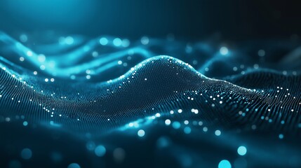 Fototapete - Network technology background, technology and communication, connected dots on 3D wave landscape. Telecommunication, data science, shiny particles, cyberspace, metaverse concept. Abstract Flowing Wave