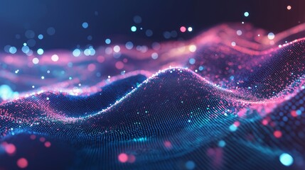 Fototapete - Network technology background, technology and communication, connected dots on 3D wave landscape. Telecommunication, data science, shiny particles, cyberspace, metaverse concept. Abstract Flowing Wave