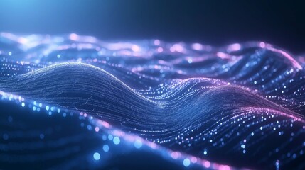 Fototapete - Network technology background, technology and communication, connected dots on 3D wave landscape. Telecommunication, data science, shiny particles, cyberspace, metaverse concept. Abstract Flowing Wave