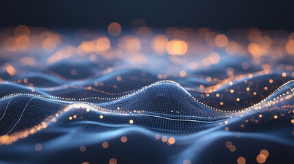Fototapete - Network technology background, technology and communication, connected dots on 3D wave landscape. Telecommunication, data science, shiny particles, cyberspace, metaverse concept. Abstract Flowing Wave