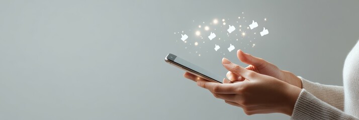 Poster - Smartphone held by a female displaying glowing like icons, showing the impact of social media.