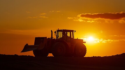 Canvas Print - Silhouette of a Bulldozer Against a Vibrant Sunset