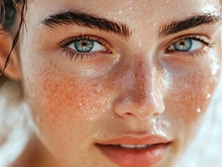 Poster - A woman with blue eyes and a red nose. She has a fresh, dewy look to her face