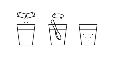 pour sachet bag with soluble powder into glass of water, line icon. open paper pack stick with powde