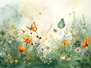 A vibrant watercolor painting of a meadow filled with colorful flowers and fluttering butterflies in a serene, dreamy atmosphere.