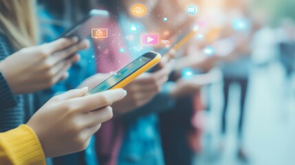 Poster - Urban youth engrossed in smartphones, displaying various social media interactions. Lifestyle and digital communication concept.