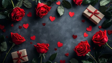 An elegant Valentine's Day background with red roses, heart-shaped confetti and gift boxes on a dark grey surface