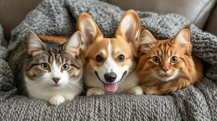 welsh corgi dogs and british longhair cat on sofa at home