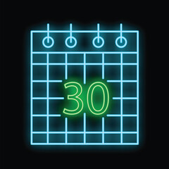 Poster - Glowing neon calendar icon is showing the 30th day of the month on a black background