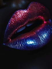 Poster - Close-up of glossy, shimmering lips reflecting vibrant colors in a stunning artistic composition. Generative AI