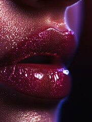 Poster - Close-up of glossy lips showcasing a vibrant, shiny finish with a captivating sparkly texture and rich color. Generative AI