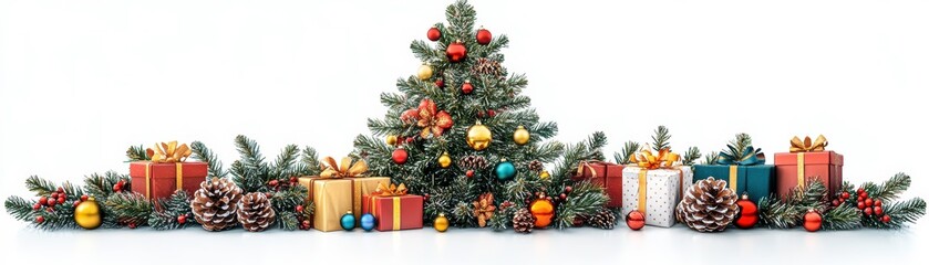 Joyful cut out image of a vibrant Christmas tree with presents and colorful baubles scattered among pine cones, set against a clean white background to enhance the festive allure , Bird's-eye view