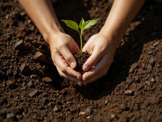 Yet another depiction of hands planting a seedling in soil.