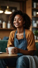 Wall Mural - Young Black woman smiling on her coffee break.