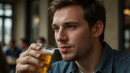 Wall Mural - Young man tasting Kölsch in Cologne, Germany.