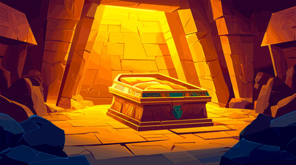 empty tomb inside egyptian temple. pharaohs sarcophagus in pyramid cave, golden grave treasure egypt