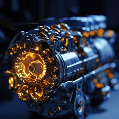 Intricate engine design glowing with vibrant orange lights on a dark background.