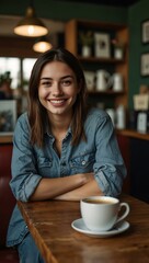 Wall Mural - Young woman smiling in a coffee shop, showcasing urban life.